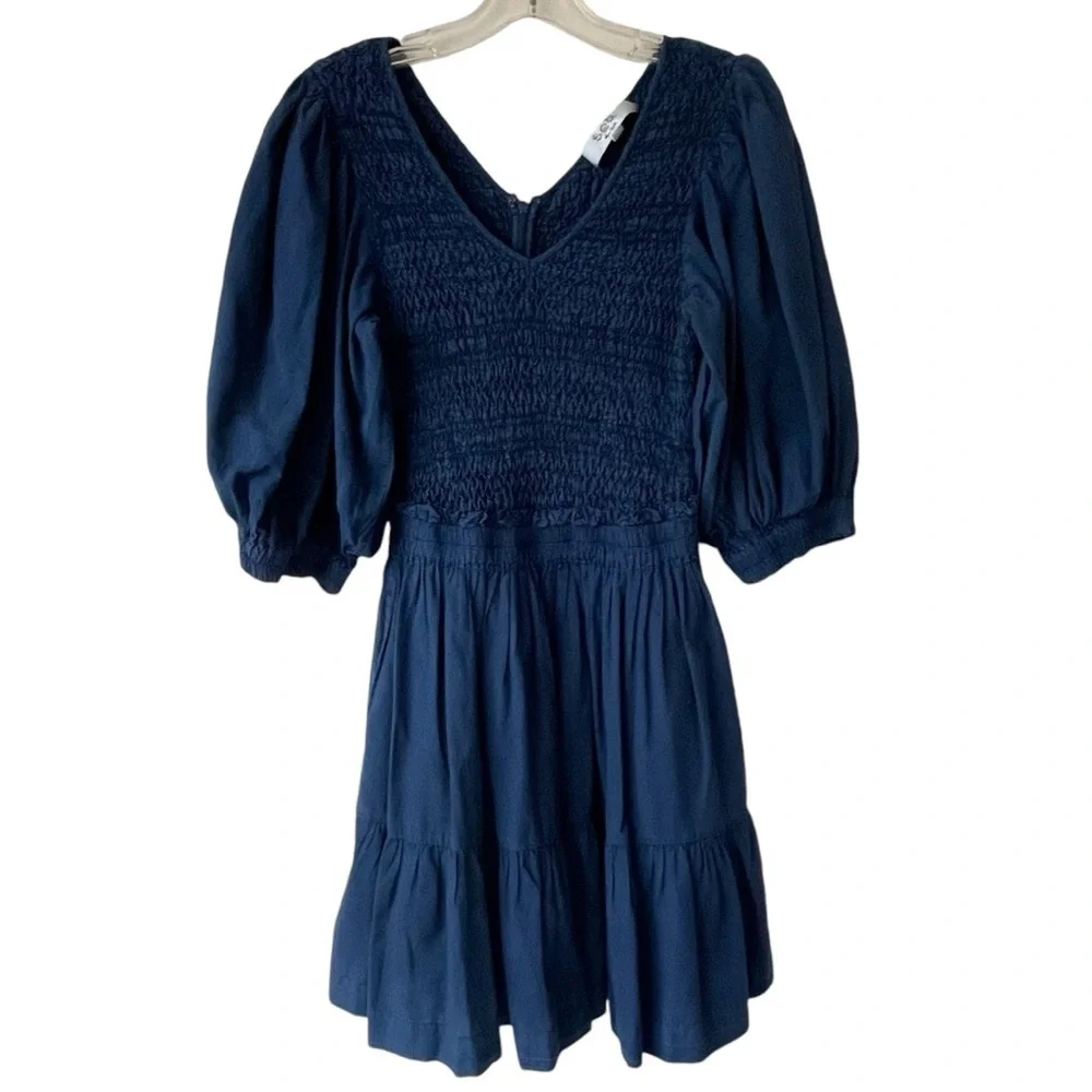 SEA NEW YORK New York Navy Blue Smocked Mini Dress Puff Sleeve 100% Cotton‎ Sz 8